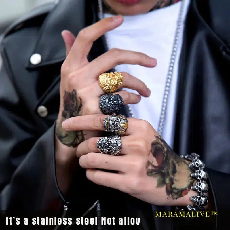 Gothic Gold Color Carving kapala skull Ring Biker Hiphop rock Jewelry Unique fashion Gift for men