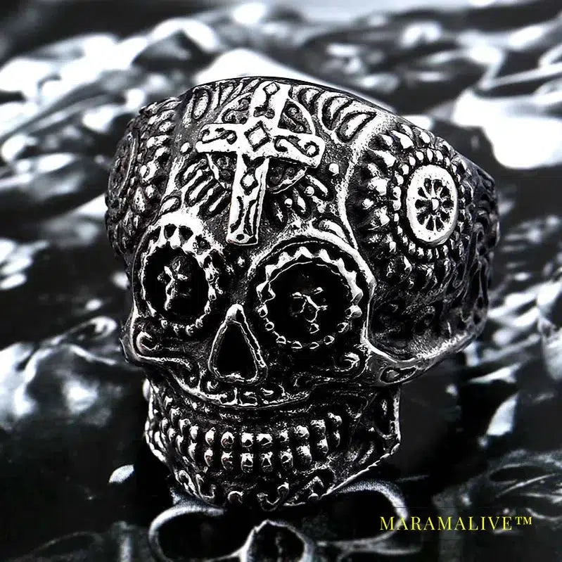 Gothic Gold Color Carving kapala skull Ring Biker Hiphop rock Jewelry Unique fashion Gift for men