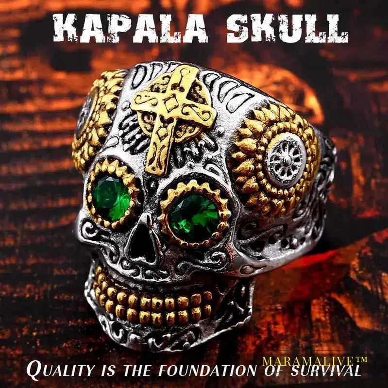 Gothic Gold Color Carving kapala skull Ring Biker Hiphop rock Jewelry Unique fashion Gift for men