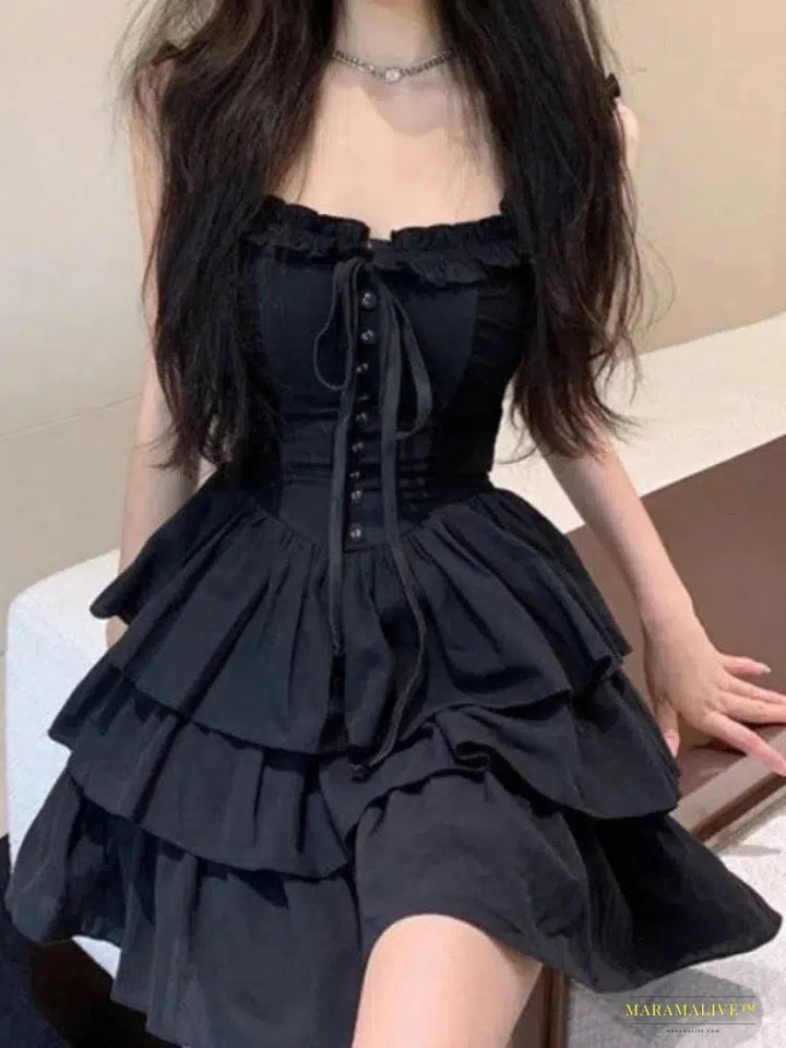 Gothic Goth Harajuku Y2K Sexy Slip Dress with Ruffles - Dark Punk Streetwear Party Fashion