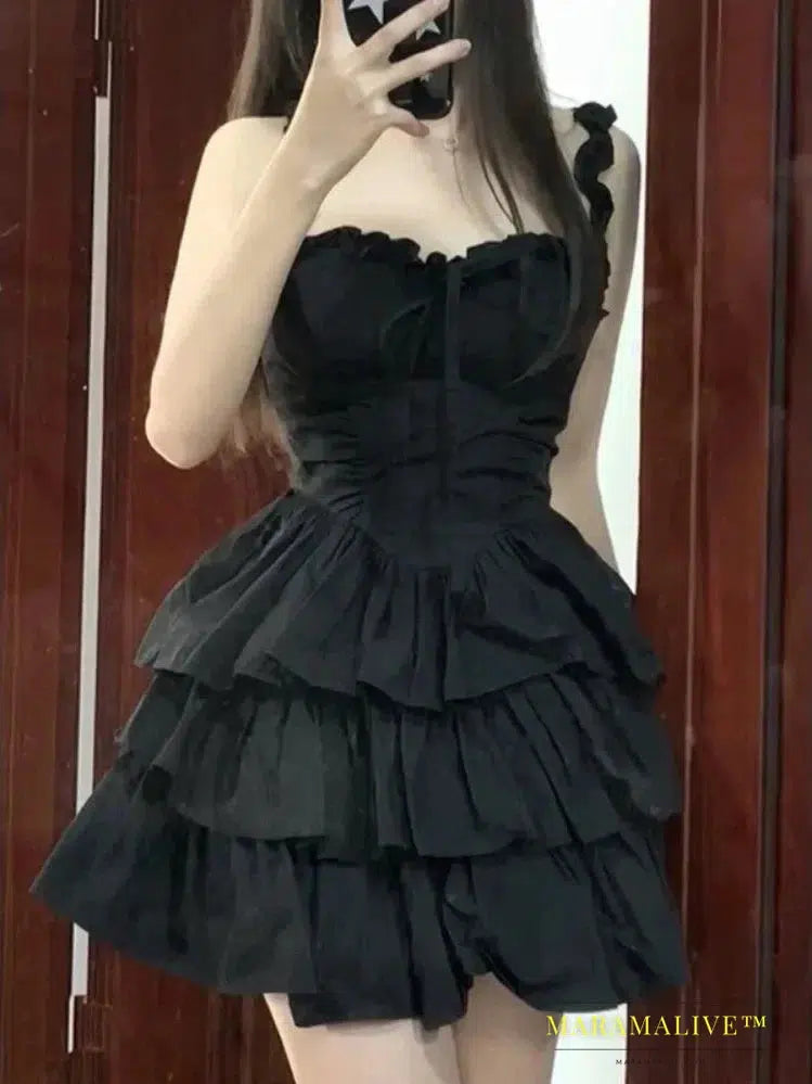 Gothic Goth Lolita Cute Black Ruffles Dress Soft Girl Y2k 2023 Fashion Cake Party Short Dresses