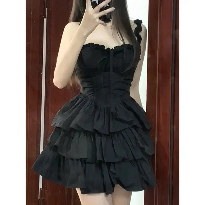 Gothic Goth Lolita Cute Black Ruffles Dress Soft Girl Y2k 2023 Fashion Cake Party Short Dresses