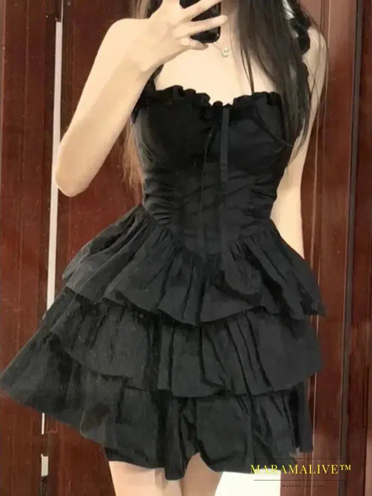 Gothic Goth Lolita Cute Black Ruffles Dress Soft Girl Y2k 2023 Fashion Cake Party Short Dresses