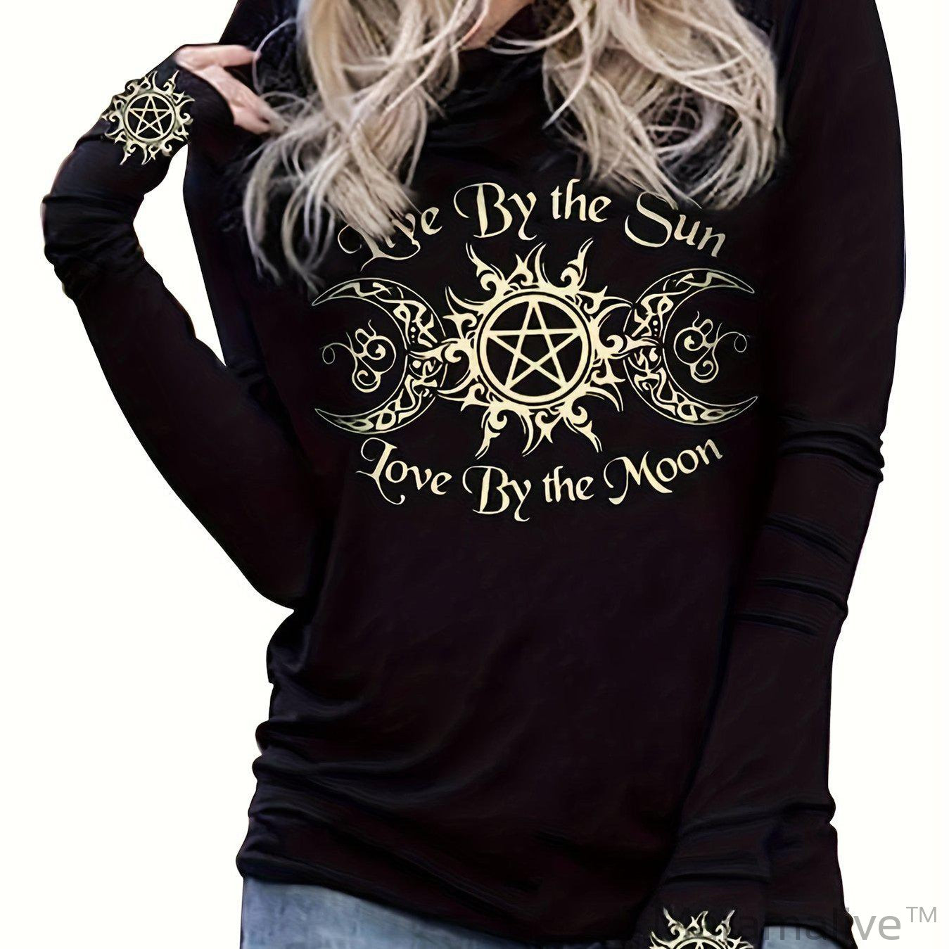 Gothic Graphic Print Hooded T-shirt, Casual Long Sleeve T-shirt For Spring & Fall, Women's Clothing