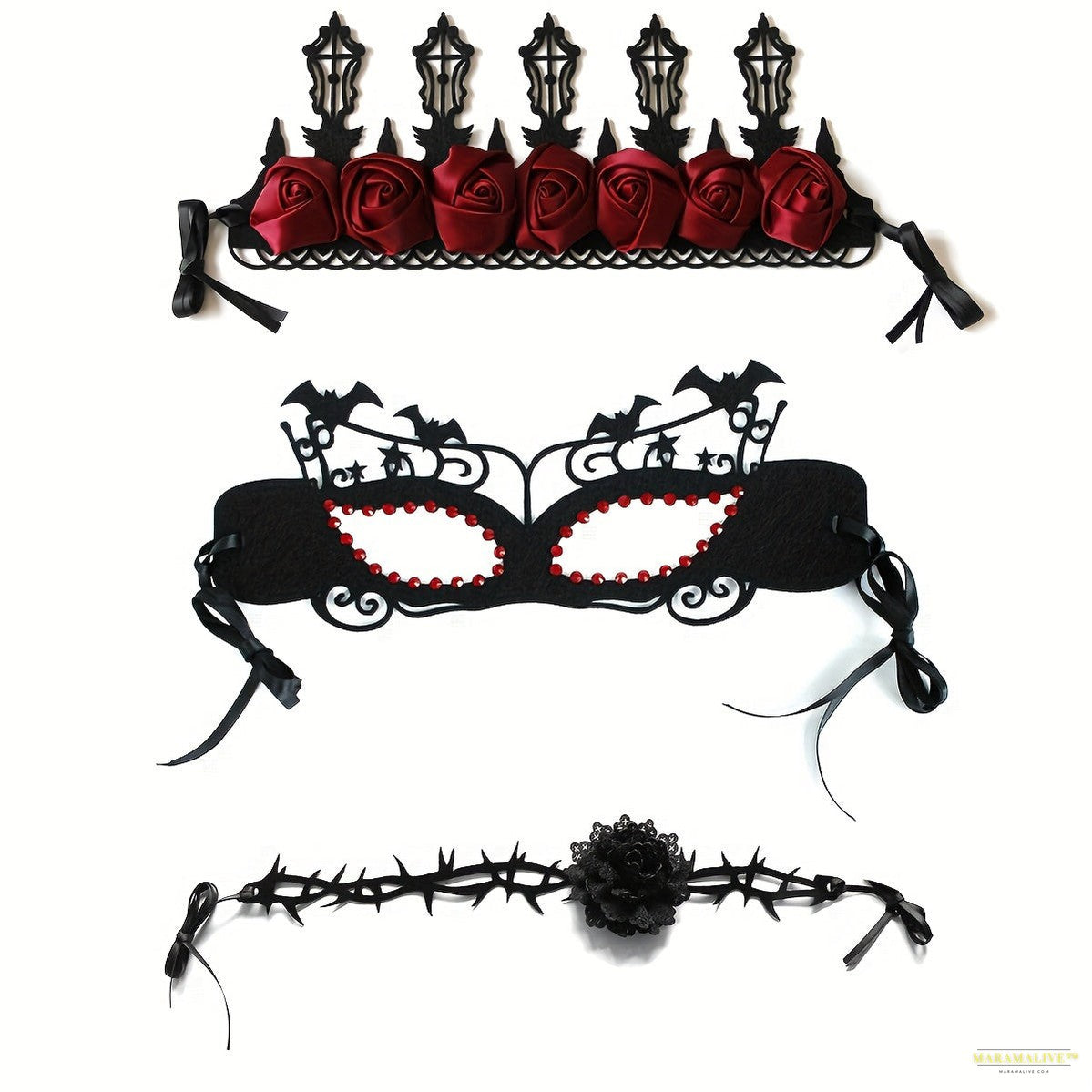 Gothic Halloween 3pcs Set: Rose Crown, Bat Mask with Rhinestones & Vampire Choker - Sexy Eye Mask for Women's Masquerade Party Costume Accessories