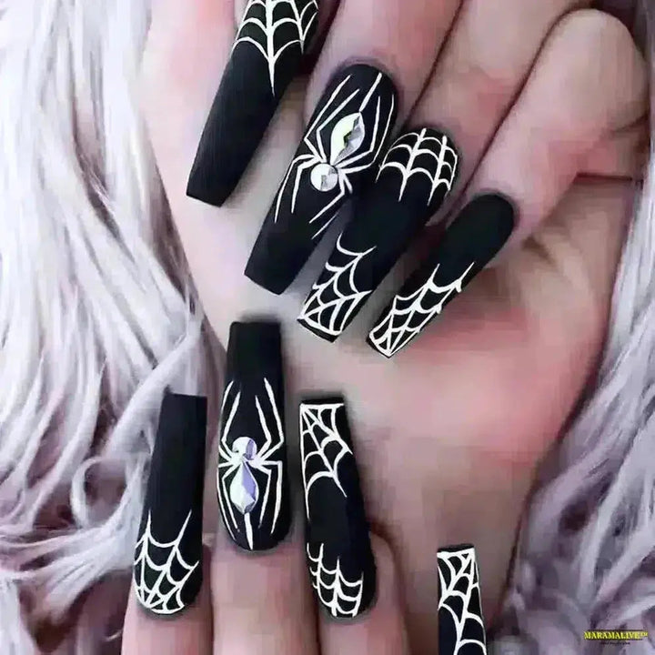 Gothic Halloween Spider/Web Black Fake Nails – Spooky FullCover Press-On Artificial Fingernails in Square/Coffin Shapes