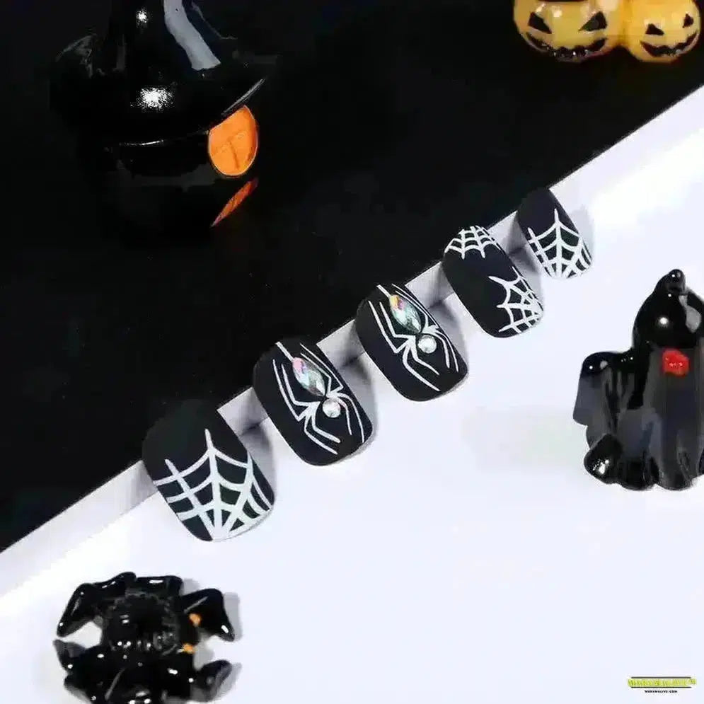 Gothic Halloween Spider/Web Black Fake Nails – Spooky FullCover Press-On Artificial Fingernails in Square/Coffin Shapes