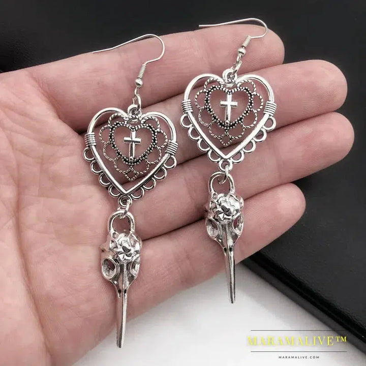 Gothic Heart Cross Bird Skull Earrings Jewelry Design Dark Art Goth Aesthetic Dangle Earrings For Alternative Girl Punk Gifts