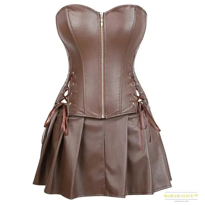 Gothic-Inspired Faux Leather Corset Dress: Opulent Black & Pleated - Zipper Front for Easy Wear