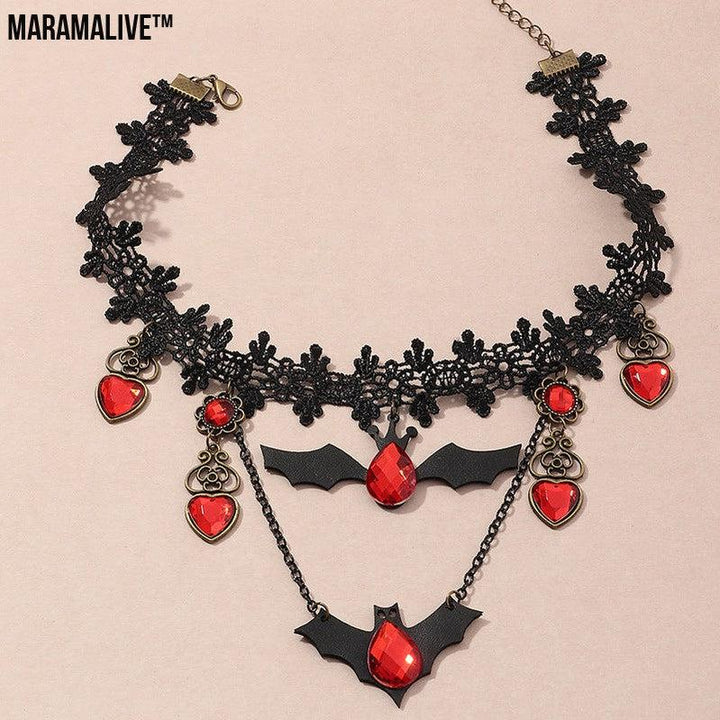 Gothic Jewelry Red Bat Halloween Necklace Lace Choker