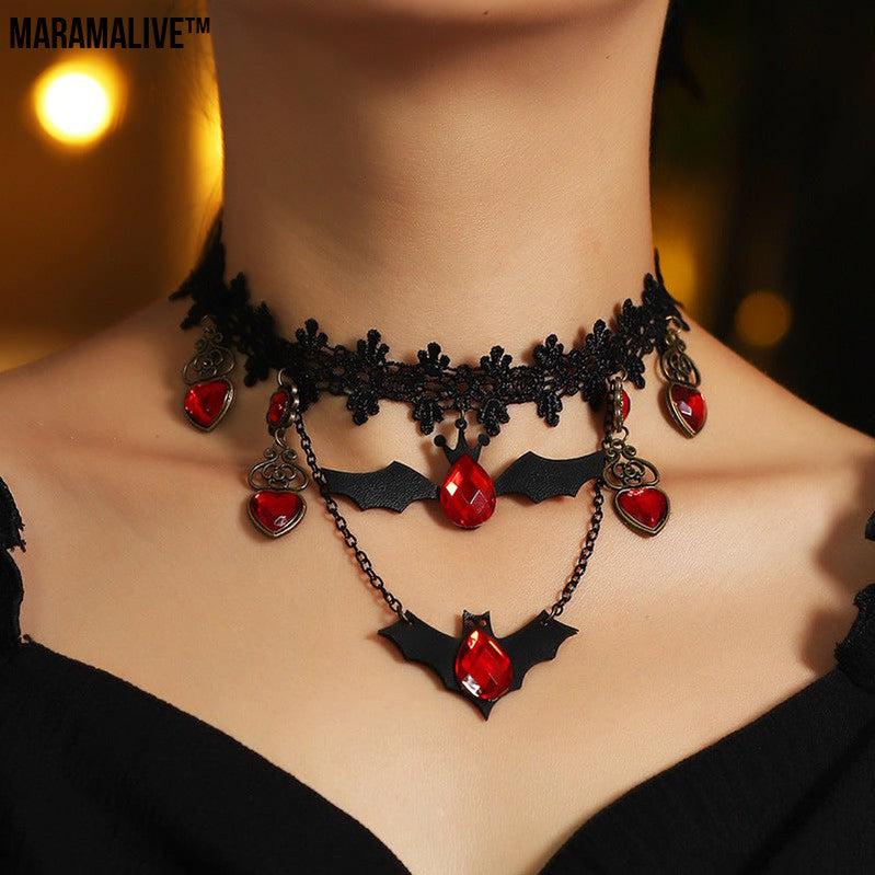 Gothic Jewelry Red Bat Halloween Necklace Lace Choker