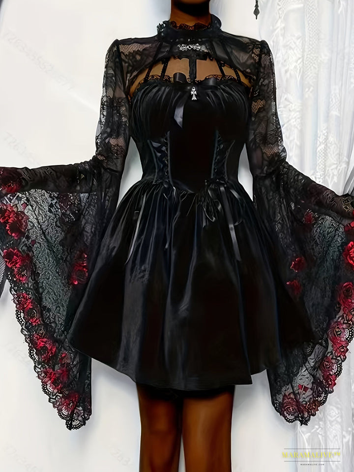 Gothic Lace Open Front Cape with Flare Sleeves, Women's Crop Shawl Top for Party & Cosplay