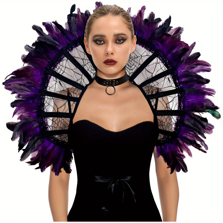 Gothic Lace Stand Up Collar Black Mesh Boned Queen Collar with Feather Shoulder Shrug Medieval Halloween Costume