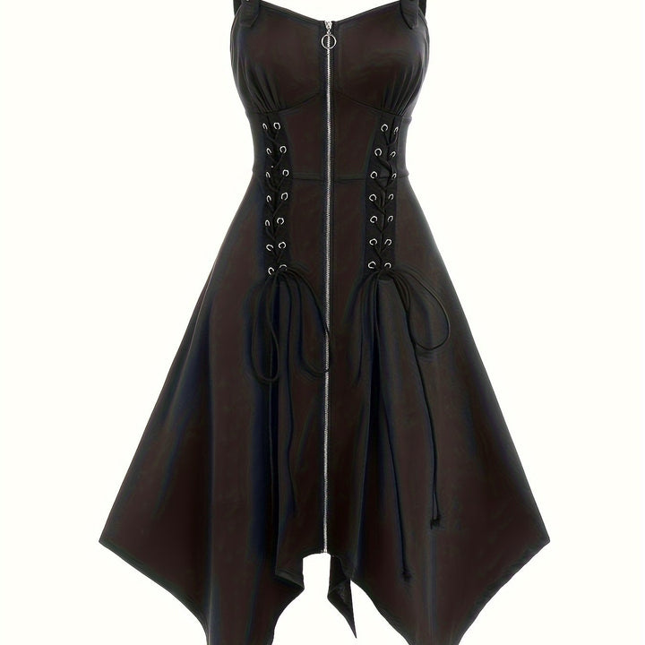 Gothic Lace-Up Strap Sleeveless Dress with Irregular Hem, Women's Casual Dress