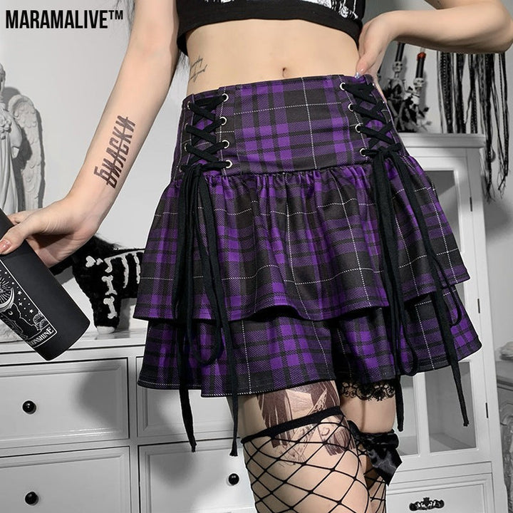 Gothic Lace-up Plaid Skirt - Punk Dark Tartan Mini Skirt.