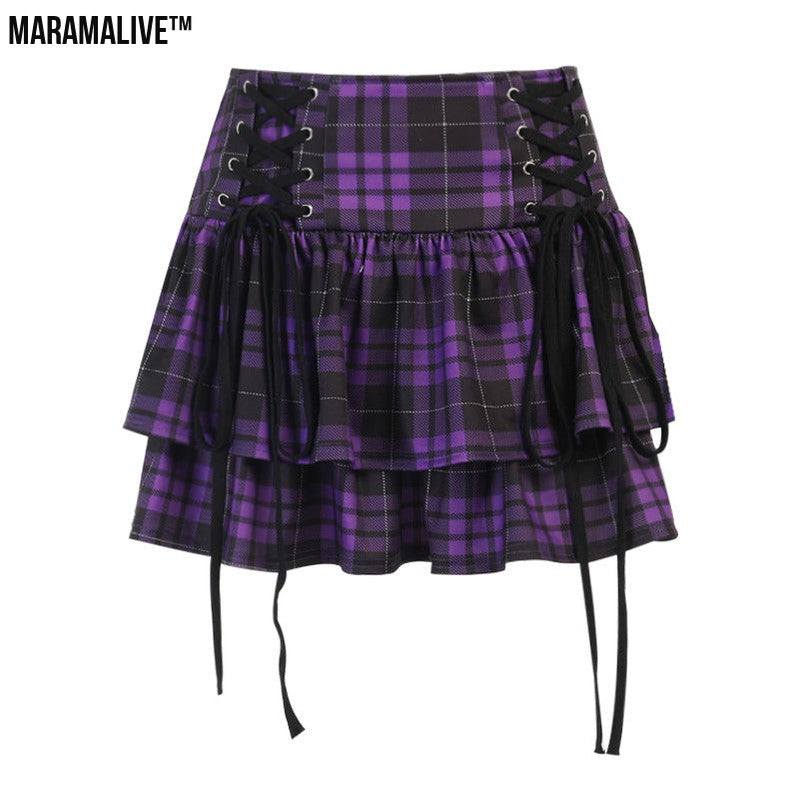 Gothic Lace-up Plaid Skirt - Punk Dark Tartan Mini Skirt.