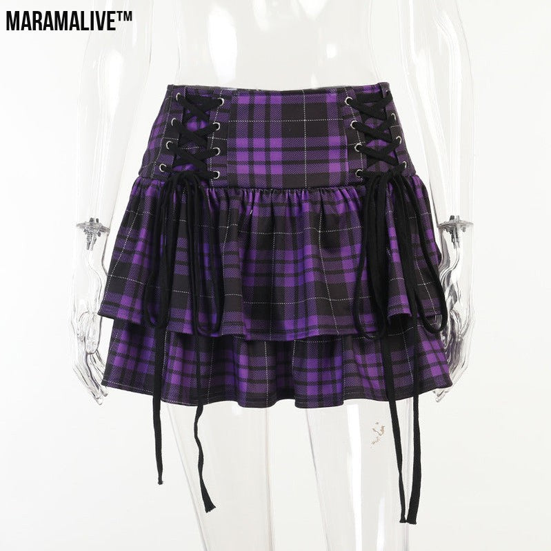 Gothic Lace-up Plaid Skirt - Punk Dark Tartan Mini Skirt.