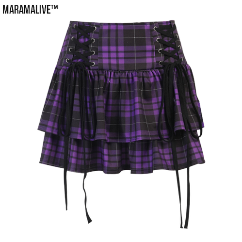 Gothic Lace-up Plaid Skirt - Punk Dark Tartan Mini Skirt.