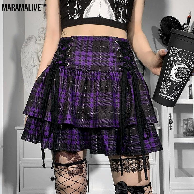 Gothic Lace-up Plaid Skirt - Punk Dark Tartan Mini Skirt.