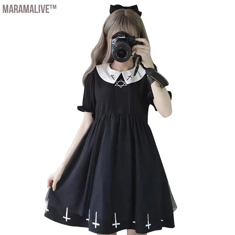 Gothic Lolita Dress Harajuku Fashion Cross Cosplay Female Dress Japanese Soft Sister Style Star Tulle Dress Cute Girl Streetwear