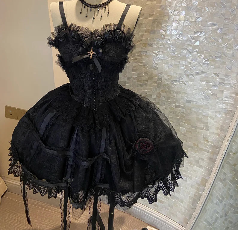 Gothic Lolita Dress Women Bandage Vintage Girl Sweet Lace Dark Slip Elegant Princess Victorian Dress Prom Party Dress