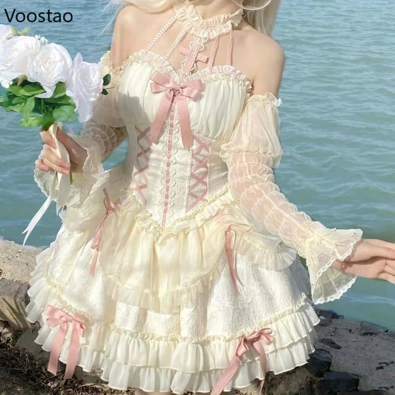 Gothic Lolita Princess Dress Women Sweet Bowknot Cross Lace Ruffles Evening Party Dresses Y2k Bandage Vestidos