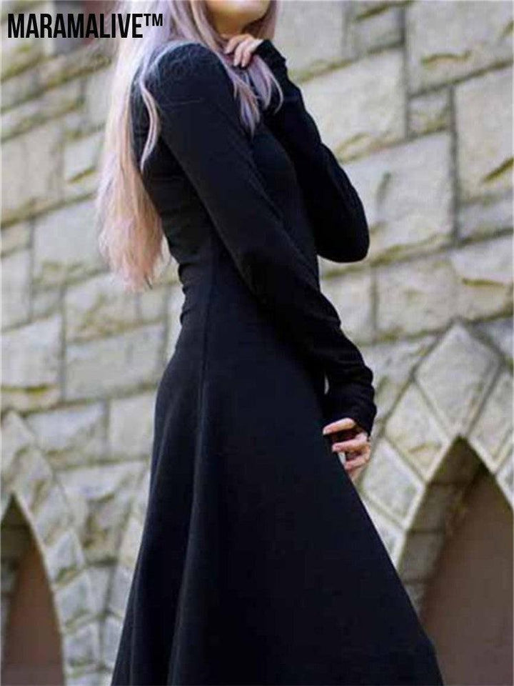 Gothic Long Sleeve Dress - Vintage Black Train Skirt Style