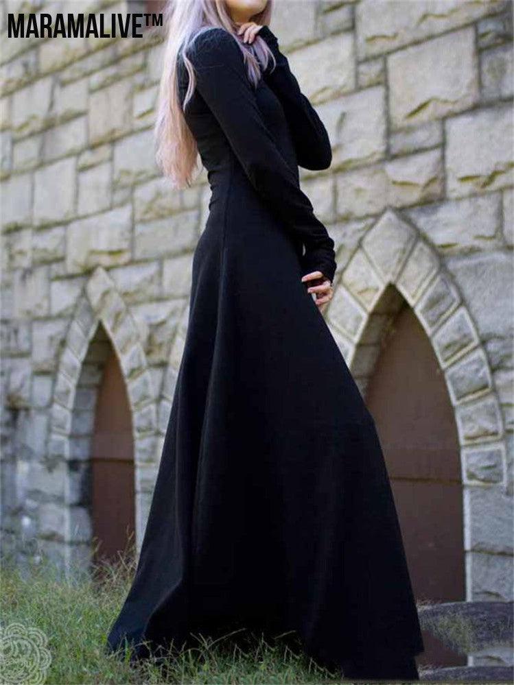 Gothic Long Sleeve Dress - Vintage Black Train Skirt Style