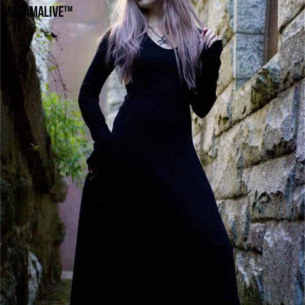 Gothic Long Sleeve Dress - Vintage Black Train Skirt Style