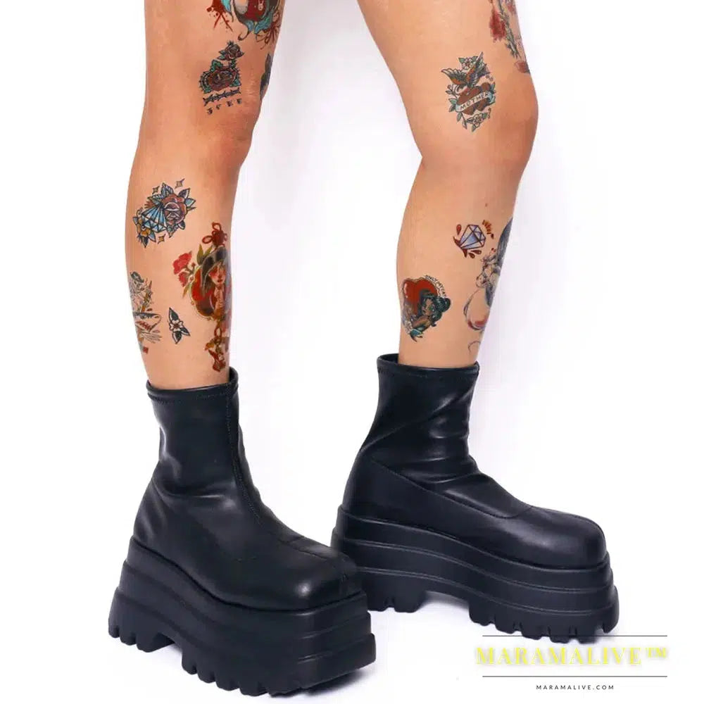 Gothic Platform High Boots Shoes For Women Combat Motorcycle Boots Black Punk Chunky Long Design Boots