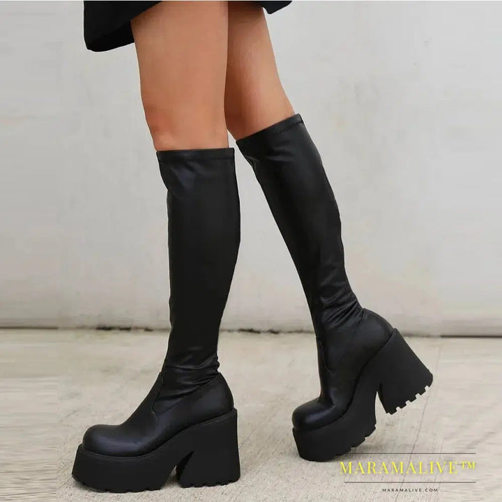 Gothic Platform High Boots Shoes For Women Combat Motorcycle Boots Black Punk Chunky Long Design Boots