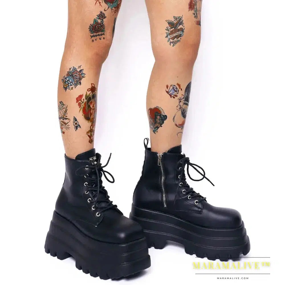 Gothic Platform High Boots Shoes For Women Combat Motorcycle Boots Black Punk Chunky Long Design Boots