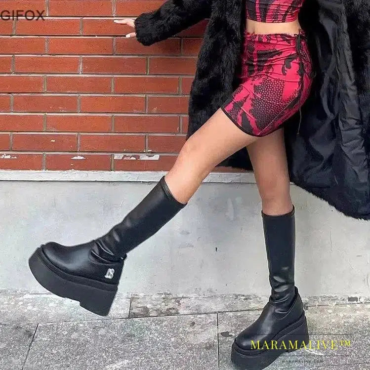 Gothic Platform High Boots Shoes For Women Combat Motorcycle Boots Black Punk Chunky Long Design Boots