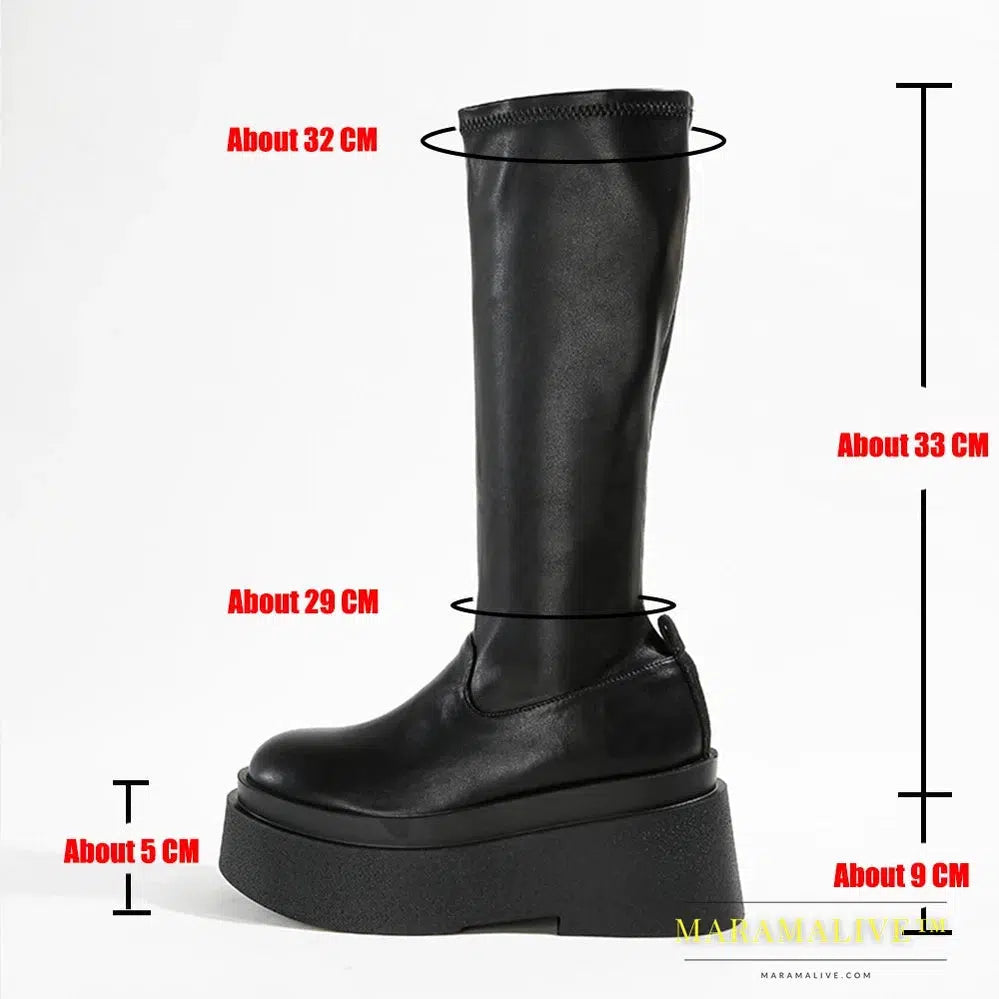 Gothic Platform High Boots Shoes For Women Combat Motorcycle Boots Black Punk Chunky Long Design Boots