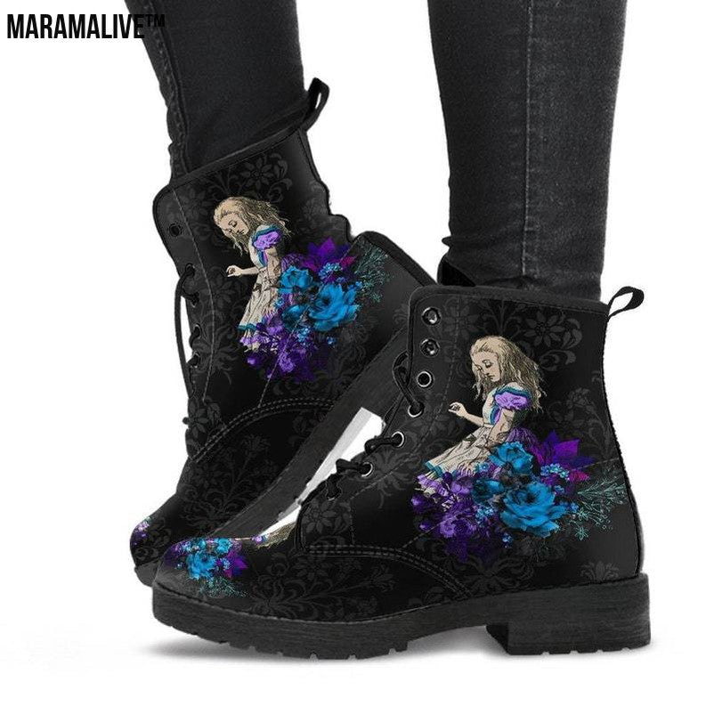 Gothic Print Vegan Leather Combat Boots