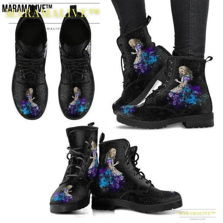 Gothic Print Vegan Leather Combat Boots