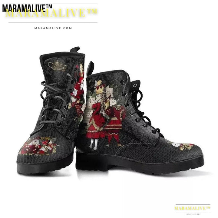 Gothic Print Vegan Leather Combat Boots