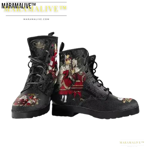 Gothic Print Vegan Leather Combat Boots