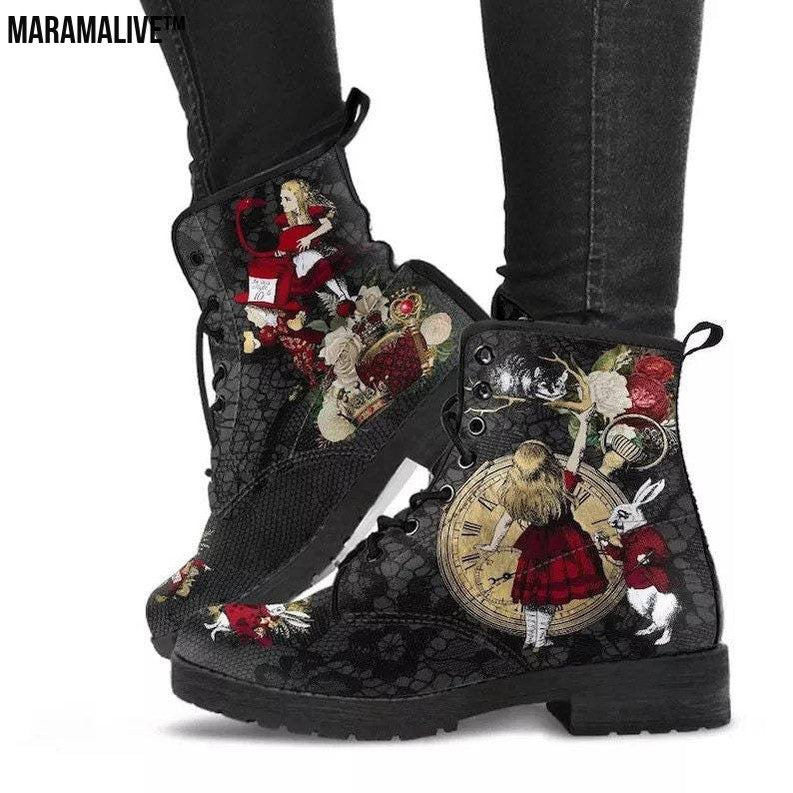 Gothic Print Vegan Leather Combat Boots