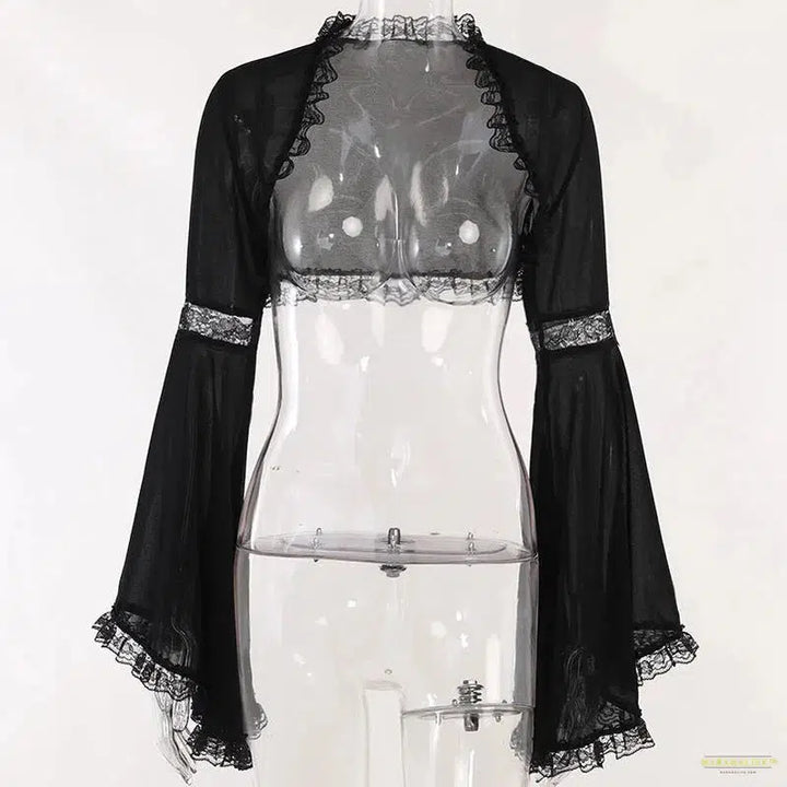 Gothic Punk Dark Lace Blouse Smocks Lolita Camisole Goth Long Flared Sleeve Shawls Y2k Ponchos Tops Matching Dress New Summer