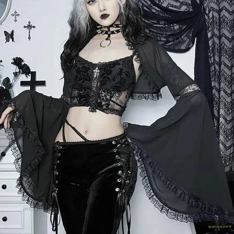 Gothic Punk Dark Lace Blouse Smocks Lolita Camisole Goth Long Flared Sleeve Shawls Y2k Ponchos Tops Matching Dress New Summer