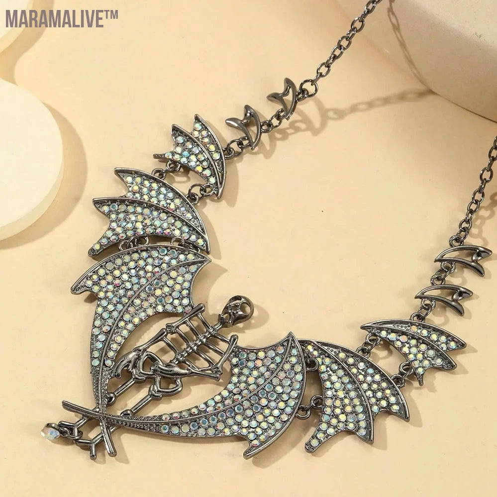 Gothic Punk Exaggerated Shiny Rhinestone Skull Bat Devil Necklace for Women Halloween Jewelry Accessories