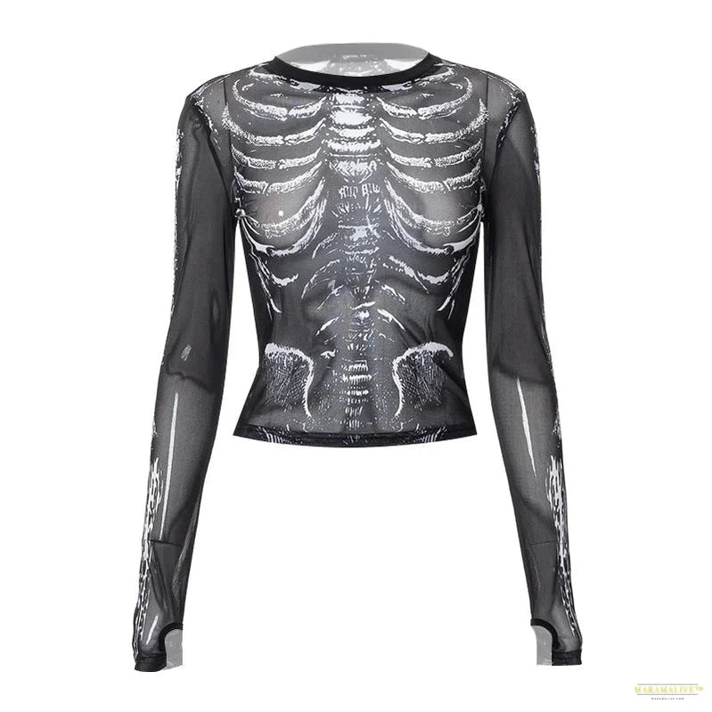 Gothic Punk Shirt 2000s Women Skeleton Pattern Round Neck Long Sleeve Crop Top Black Dark Academia Clothes y2k Tees Streetwear