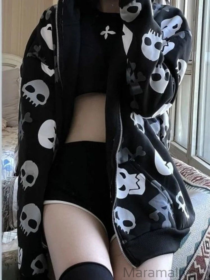 Gothic Punk Skull Hoodies Women Mall Goth Tops Streetwear Black Long Sleeve Zip Up Hooded Sweatshirt 2022 Autumn