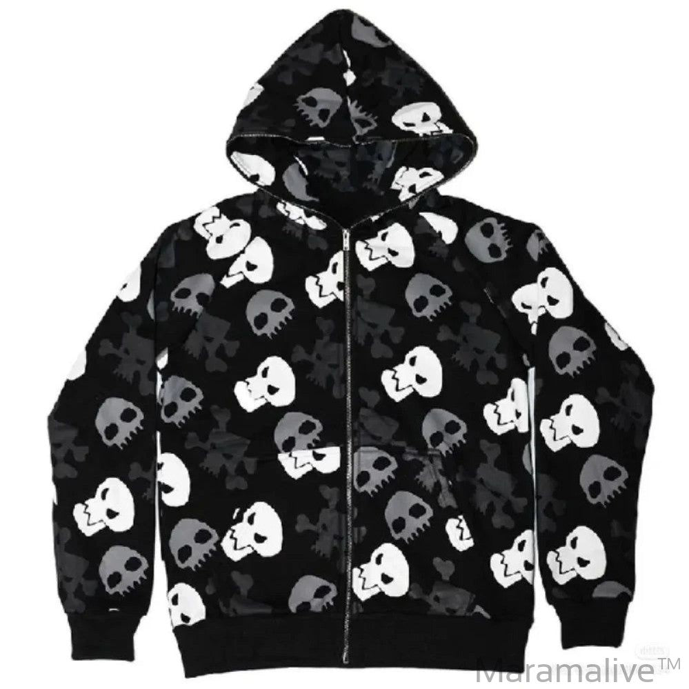 Gothic Punk Skull Hoodies Women Mall Goth Tops Streetwear Black Long Sleeve Zip Up Hooded Sweatshirt 2022 Autumn