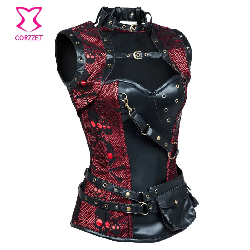 Gothic Punk Skull Pattern Steel Bone Corset - Red and Black - Plus-Size Bustier