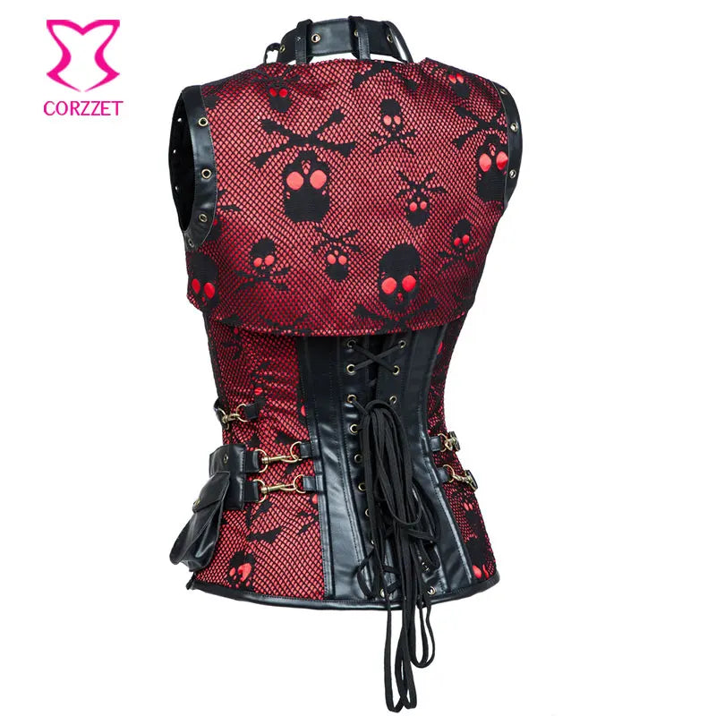 Gothic Punk Skull Pattern Steel Bone Corset - Red and Black - Plus-Size Bustier