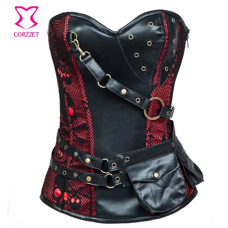 Gothic Punk Skull Pattern Steel Bone Corset - Red and Black - Plus-Size Bustier