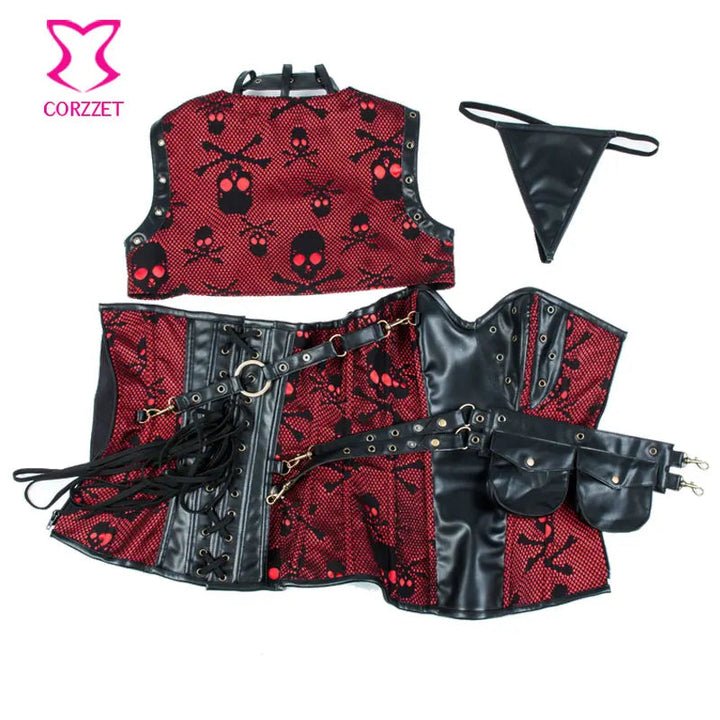 Gothic Punk Skull Pattern Steel Bone Corset - Red and Black - Plus-Size Bustier