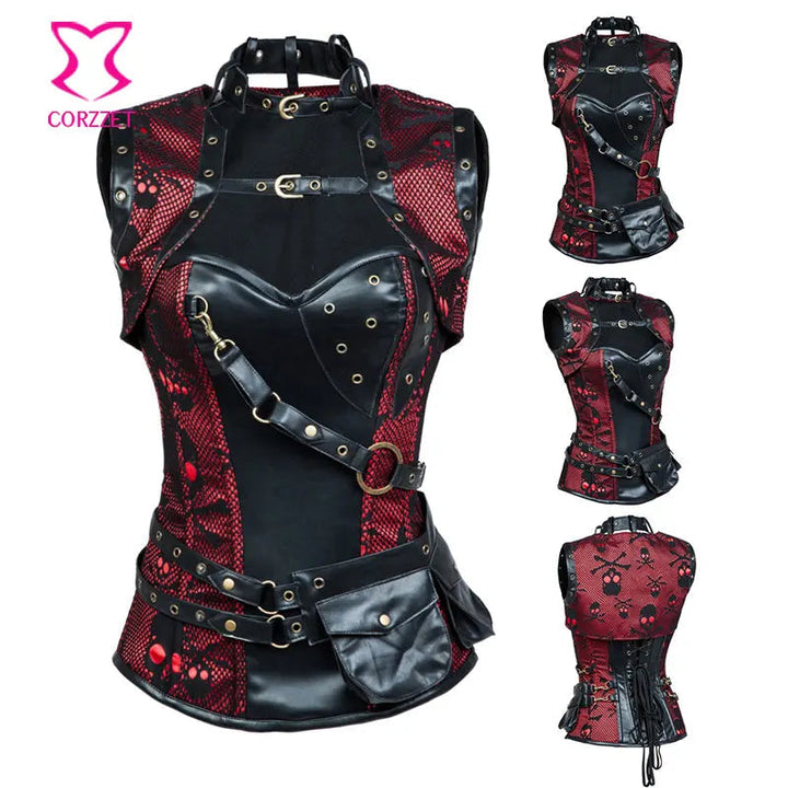 Gothic Punk Skull Pattern Steel Bone Corset - Red and Black - Plus-Size Bustier